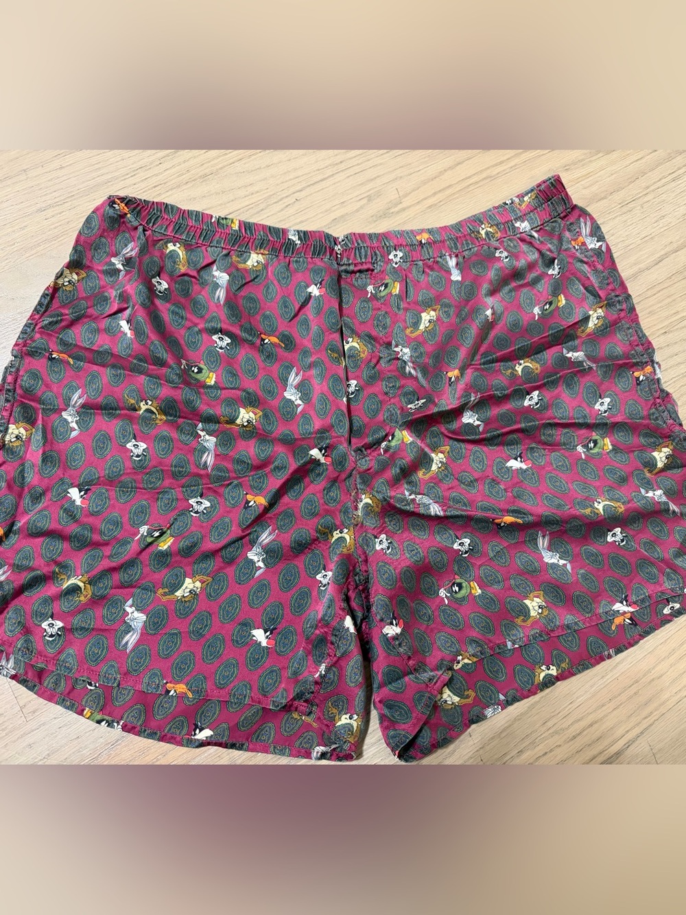 vintage 1990s Looney Tunes Mania 100% silk boxer shorts featuring an all-over ch